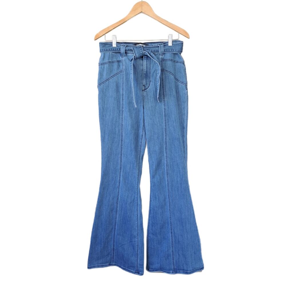 EXPRESS Bell Flare Super High Rise Jeans Size 8 Medium Blue Belted Stretch - Picture 2 of 9